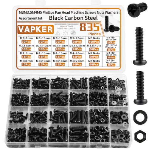 VAPKER 835Pcs Pan Head Machine Screws,M3 M3.5 M4 M5 Metric Phillips Drive Cross Fully Threaded Round Head Carbon Steel Black Oxide Bolts Nuts Washers Set
