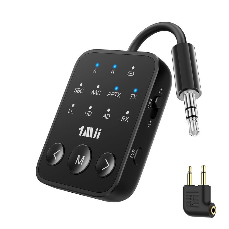 1Mii SafeFly Dot2 Bluetooth 5.3 Transmitter Receiver for Airplane, TV | 3.5mm AUX Wireless Audio Adapter, Dual Link for 2 Headphones, aptX Adaptive HD Low Latency, 25H Playtime