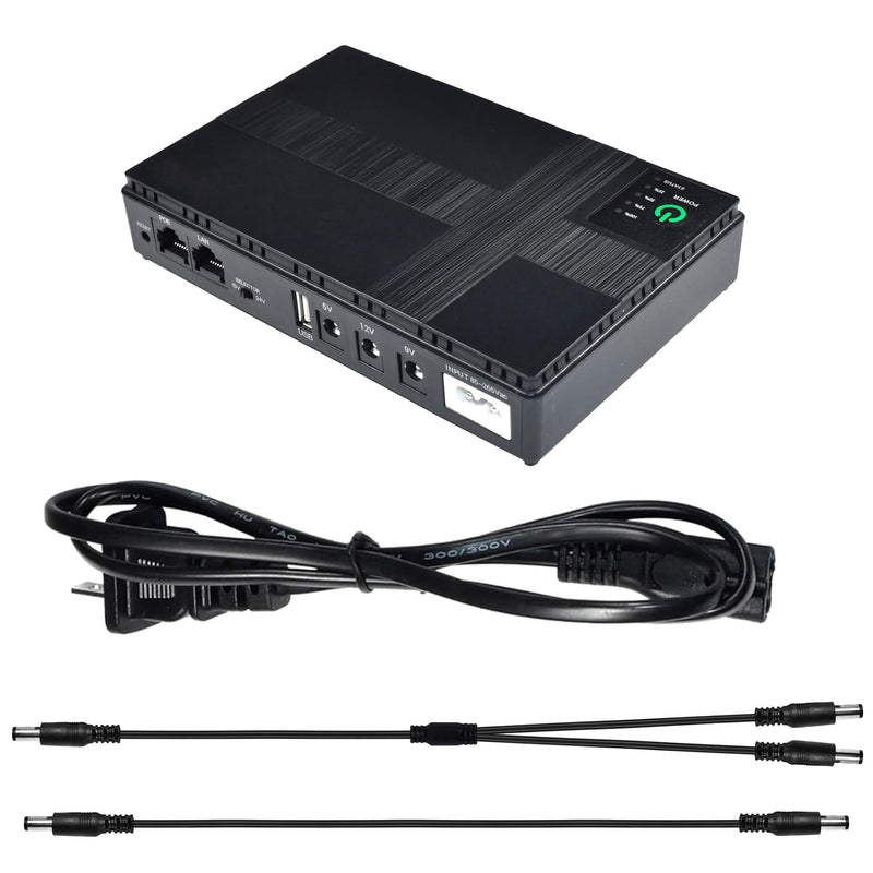 HQRP Mini UPS Battery Backup for WiFi Router 18W, Built-in 10400mAh Rechargeable Surge Protector with POE, USB 5V DC 5V/9V/12V Output, UPS Power Supply for Modem, Camera, Phone, Tablet
