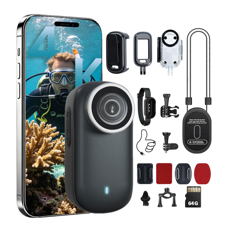 4K Mini Body Camera 64G Wearable Thumb Camera 360° Rotatable Magnetic Clip for Lecture Travel Pet Walking Outdoor Recording（Black） Black