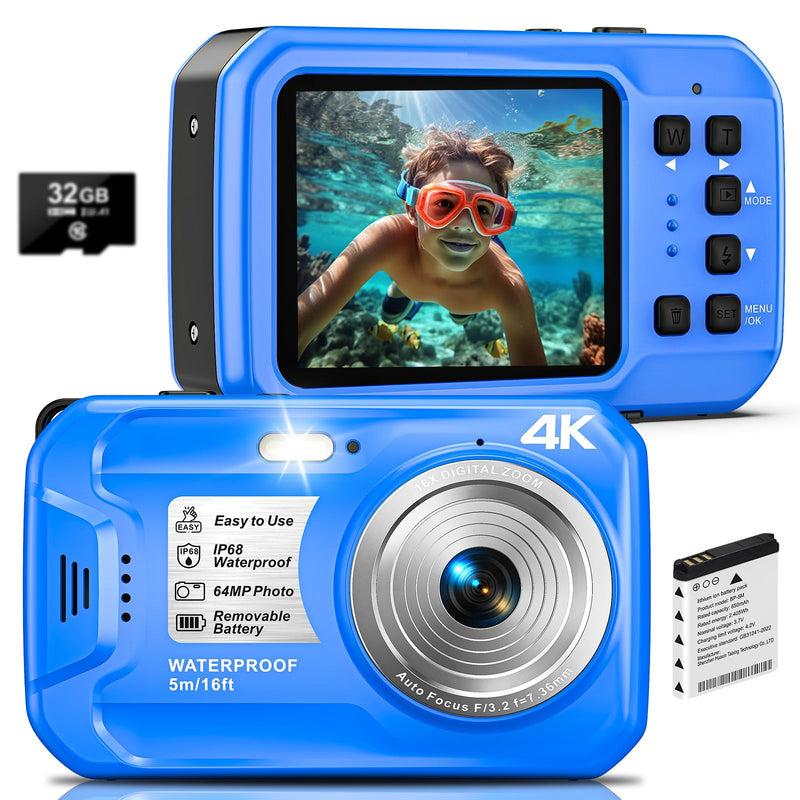 Portable 4K 64MP Snorkel Camera, 16FT IP68 Floating Waterproof Digital Camera Autofocus IPS Screen 16X Zoom, Equipped with 32GB Memory Card for Water Sports Travel Camping