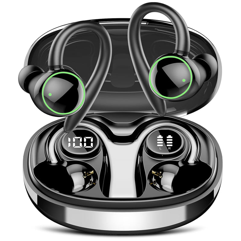 Wireless Earbuds, Bluetooth 5.4 Headphones Sport Over Ear Buds With ENC Mic | ENC Noise Cancelling Mic, 48H, Wireless Earphone With Earhooks, Stereo Deep Bass, IP7 Waterproof Headset for Workout, Black J-Black