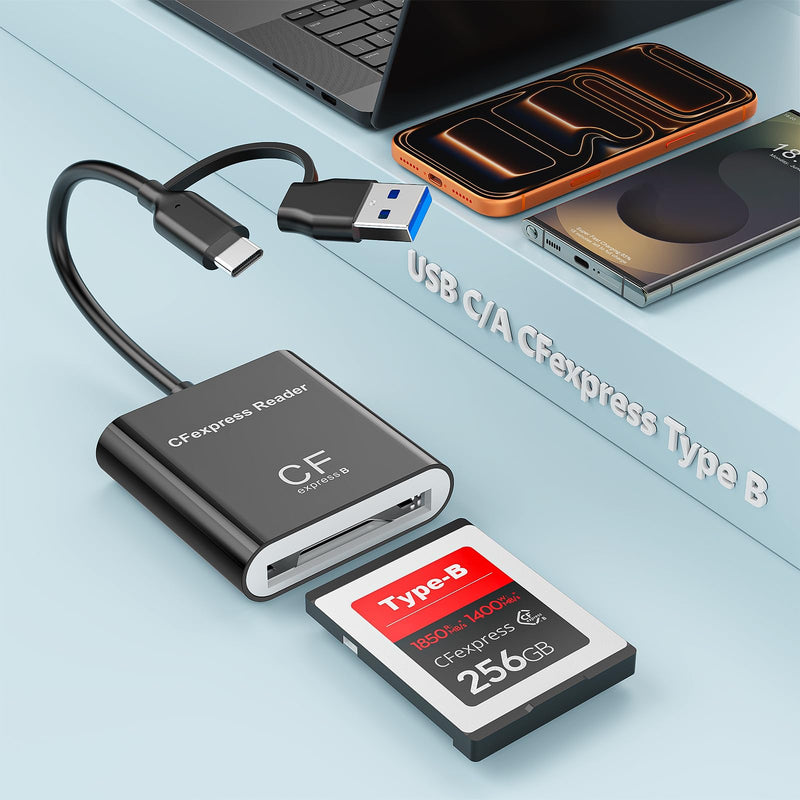 2-in-1 Type B 10Gbps CFexpress USB C&USB A Type B Card Reader for iPhone,USB 3.2 (Gen 2) CFexpress Adapter for iPhone 16 15/iPad/Samsung/Laptops/Tablets with Windows/Mac/Linux/Android-Plug&Play