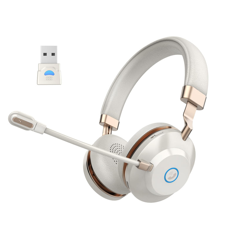 Wireless Headset with Mic for Work, Bluetooth Headset with Noise Cancelling Microphone, On Ear Wireless Headphones with USB Dongle & Mute Function for Work from Home Computer Office Teams Call Center White Gold