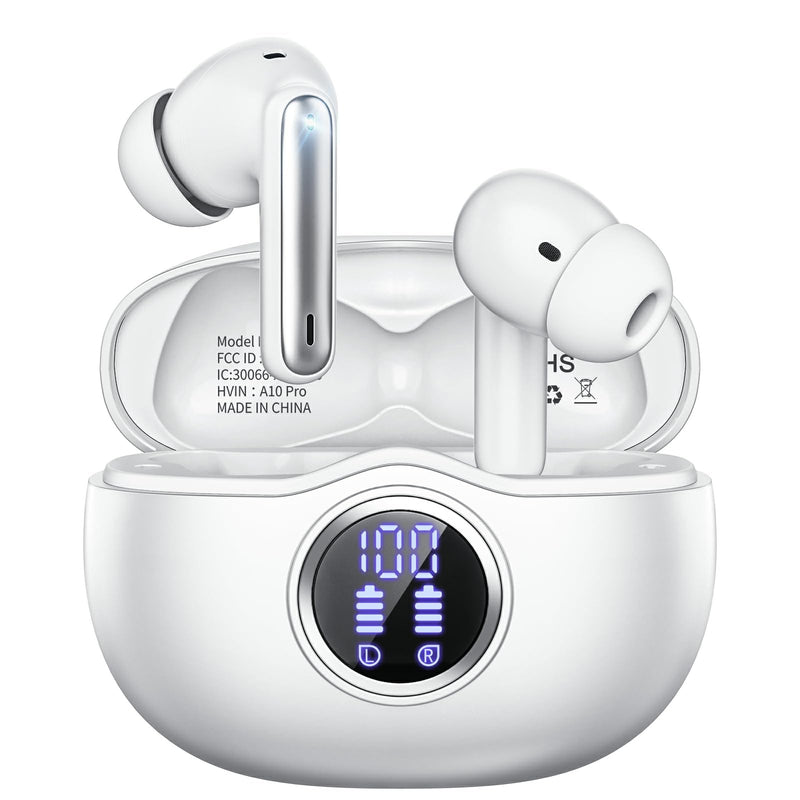 Wireless Earbuds, Bluetooth 5.3 Headphones HiFi Stereo 50H Playback LED Digital Display Ear Buds with ENC Noise Canceling Headset, IPX7 Waterproof Earphones for Gym/Running/Work（White） White