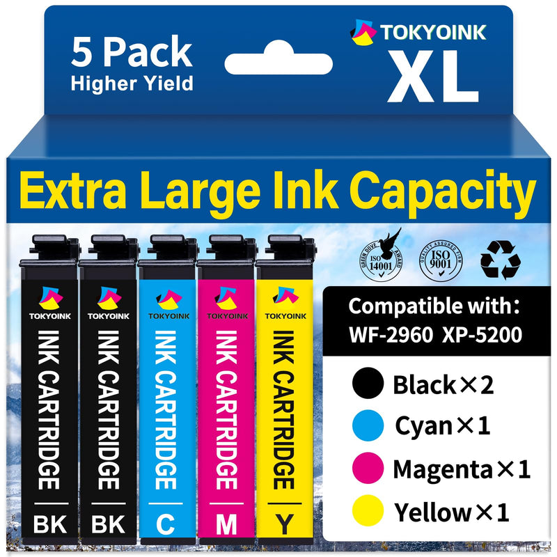TOKYOINK Remanufactured Replacement for 222 222XL Ink Cartridges Combo Pack | Compatible for Epson Printer XP-5200 WF-2960 Printer Ink Cartridges (5Pack, 2Black, Magenta, Cyan, Yellow)