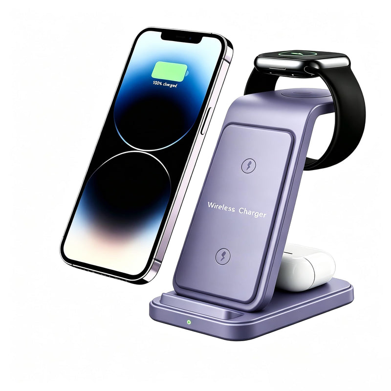 3 in 1 Wireless Charging Station, Fast Wireless Charger for iPhone 17 16 15 14 13 12 Pro Max Plus Air, Charger Stand for iWatch 11 10 9 8 7 6 5 4 3 2 Ultra SE, for Airpods 4 3 2 Pro Purple