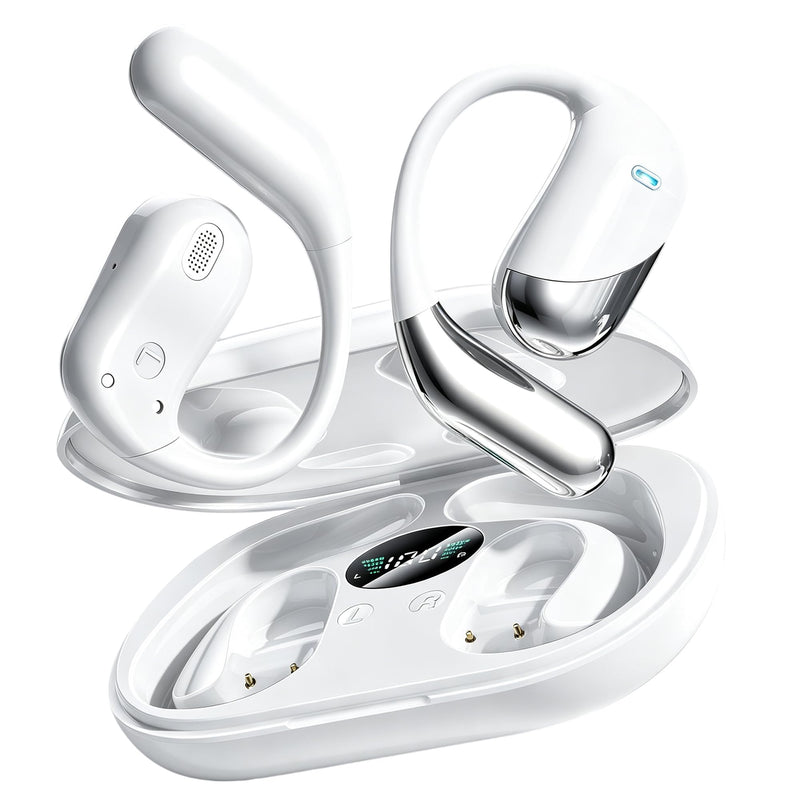 Ultra Open Ear Headphones, Over Ear Bluetooth Bone Conduction Earbuds | Bluetooth 6.1, LED Digital Display, 60H Playtime, IP55 Waterproof, Secure Earhooks for Running, Cycling & Workout Pearl white