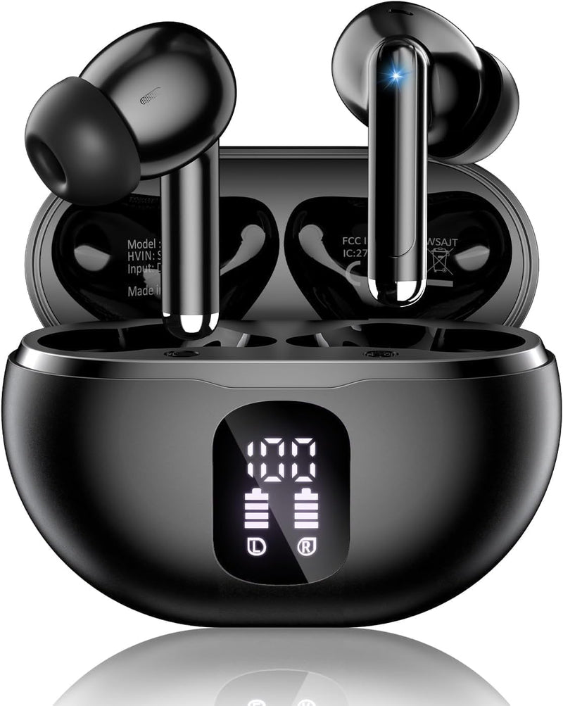 Wireless Earbuds, Bluetooth 5.4 Ear Buds Bass Stereo, Headphones with Noise Cancelling Mic, LED Display in Ear Earphones Clear Calls, IP7 Waterproof Bluetooth Earbuds for Phone/Android/iPad, Black Deep Black