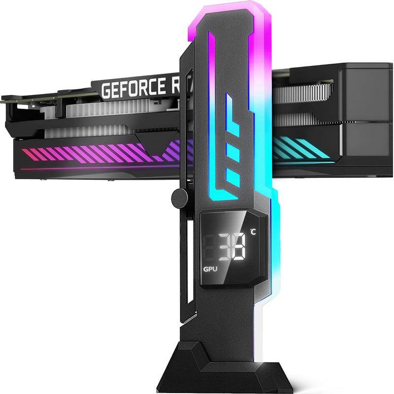 ARGB GPU Support Bracket with CPU & GPU Temp/Usage Display, Adjustable Height GPU Sag Bracket with Magnet & Non-Slip Base for Video Card, Universal Graphics Card Support, 5V3PIN RGB GPU Brace