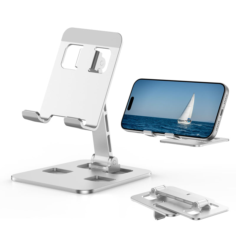 Foldable Aluminum Phone Stand, Multi-Angle Adjustable Desk Mount | Hands-Free Viewing, Silicone Pads Included, Charging Cutout, Compact & Portable, Universal Fit