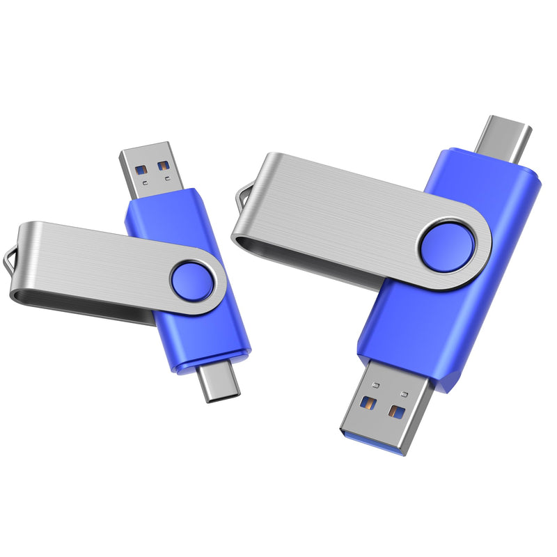 2-Pack 32GB USB-C & USB 2.0 Flash Drive for Storage, Blue 32GB-2pcs