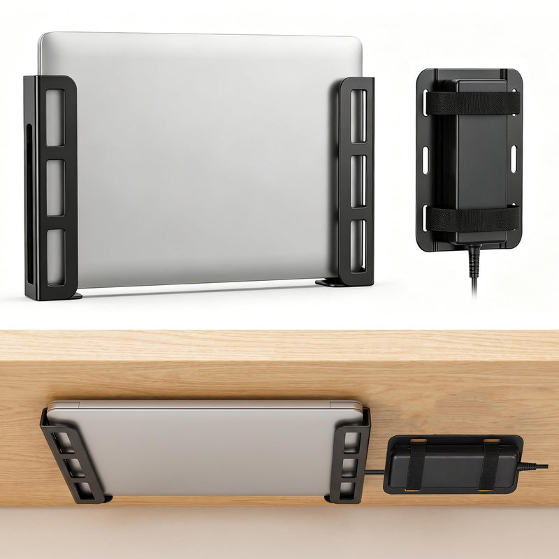 Universal Wall & Under Desk Laptop Mount and Charger Holder | for most laptops as MacBooks, Surface,Tablets, and 100W or Higher Chargers, with Adhesive, Screws, Anti-Scratch Pads