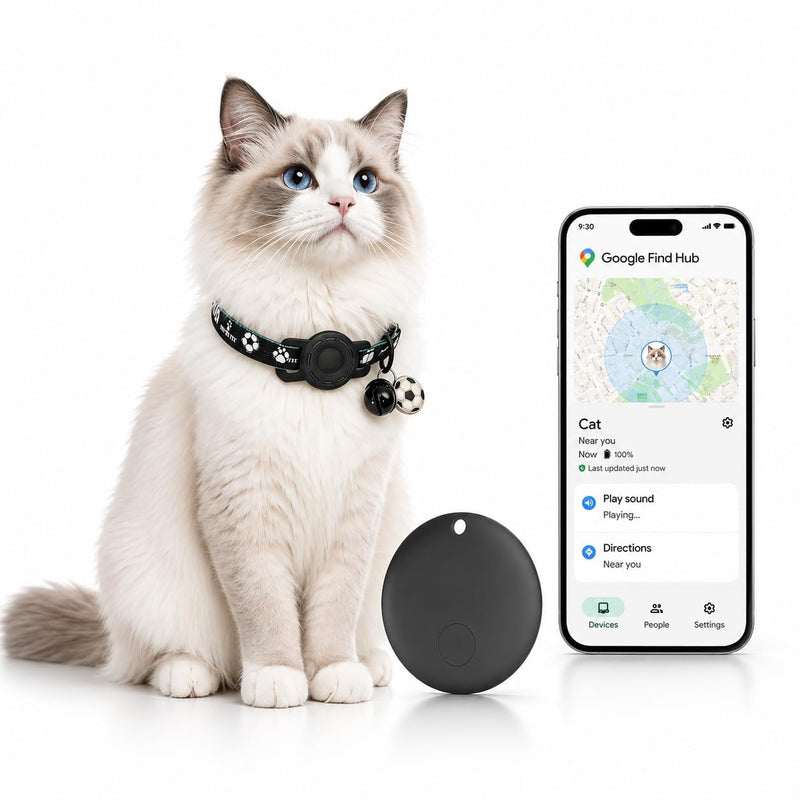 GPS Collar for Cats (Android Only) Pet Tracker, Soccer Style Smart Tag Compatible with Google Find My, Waterproof No Monthly Fee Cat Tracking Collar, Game Day Football Design for Pet Safety