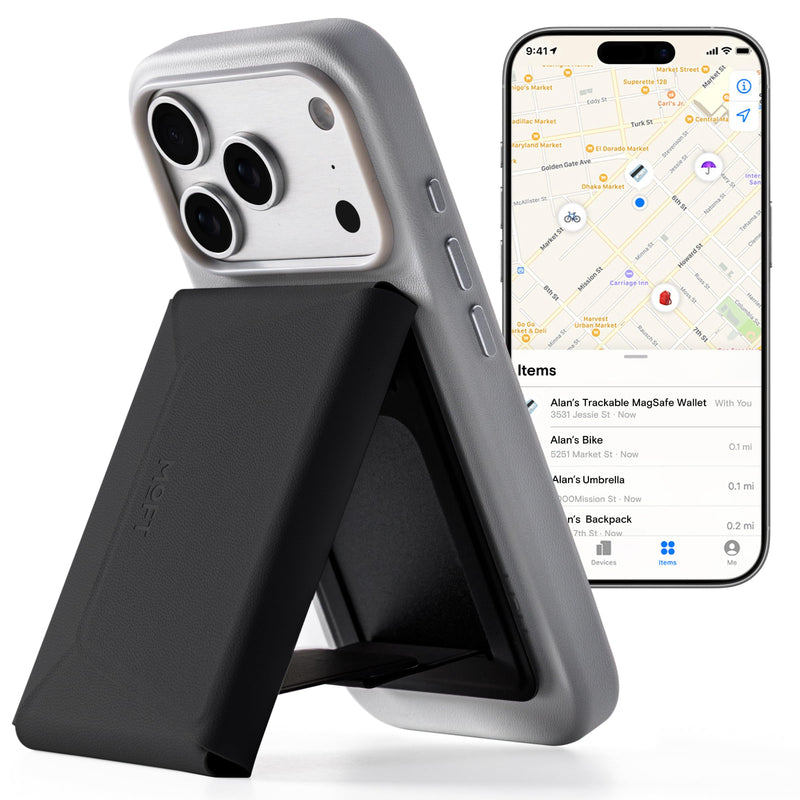 MOFT Trackable Field Wallet & Stand, Magsafe Phone Wallet, Jet Black | Apple Find My & Google Find Hub Integration | Holds 8 Cards | MOVAS Leather | Pull-to-Access | Travel Essential | Best Gift Phone Wallet Stand