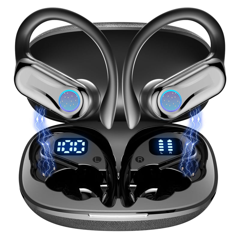 Wireless Earbuds, Bluetooth Headphones 6.1, 90H Playtime Ear Buds with Hooks for Sports, Dual LED Display Earphones IPX7 Waterproof for Gym/Runing/Workout deep black