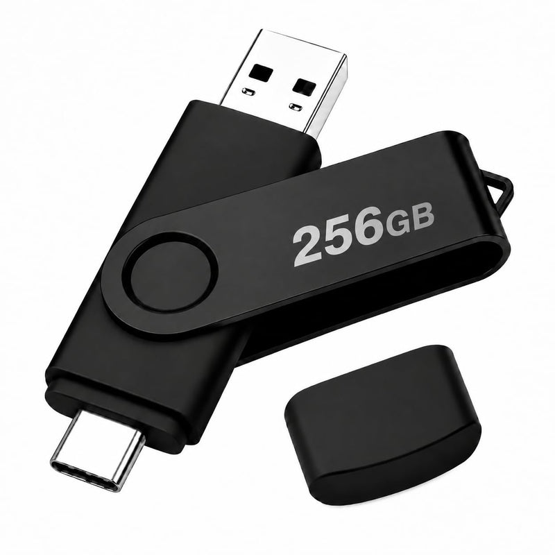 USB Flash Drive 256GB, 2-in-1 Type-C and USB-A Thumb Drive,256GB Swivel Design Memory Stick for Laptop, PC and Compatible Smartphones - Black