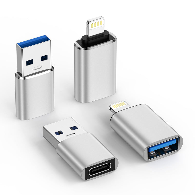 USB Male to USB C Female Adapter & Lightning Male to USB Female OTG Cable | Combo 4-Pack Connector Cable Adapter for iPhone 17e/17 Pro Max/16/15/14/13/12，Card Reader/Flash Drive/MIDI Keyboard//USB Disk