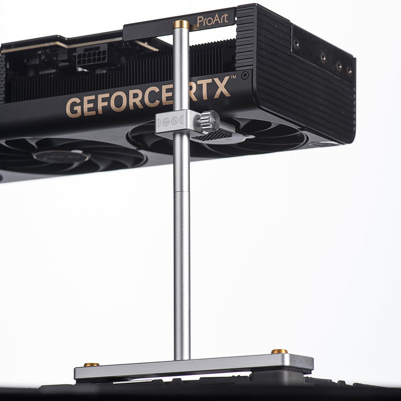 Stackable Aluminum GPU Anti-Sag Bracket for 120mm Fans | Silver bracket, -15/0/15 adjustment & stackable design. Forward/reverse install, fits with or without 120mm fan