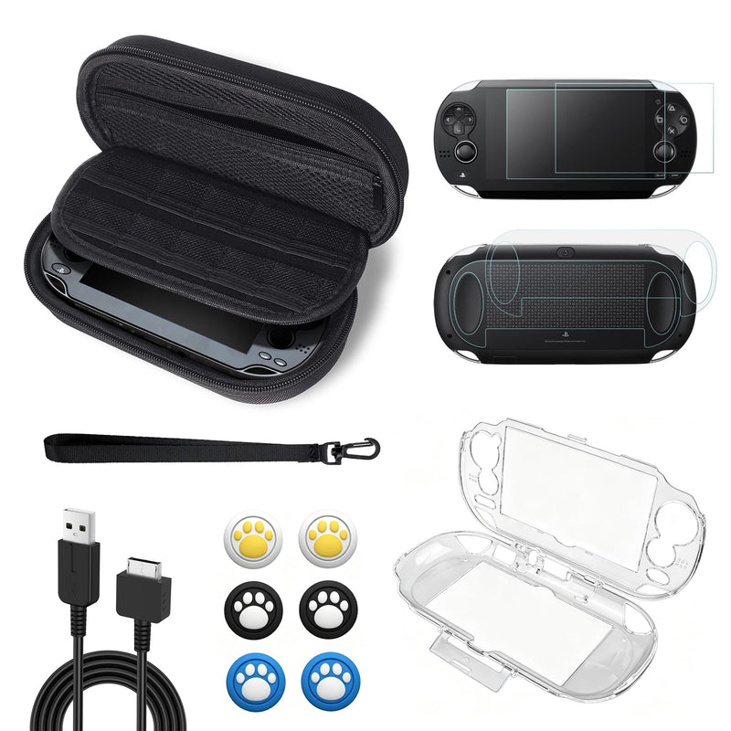 Accessories Kit for PS Vita 1000, Carrying Case for PSV 1000, Protective Case, Front and Back Screen Protectors, 6Pcs Thumb Grip Caps and Charger Cable