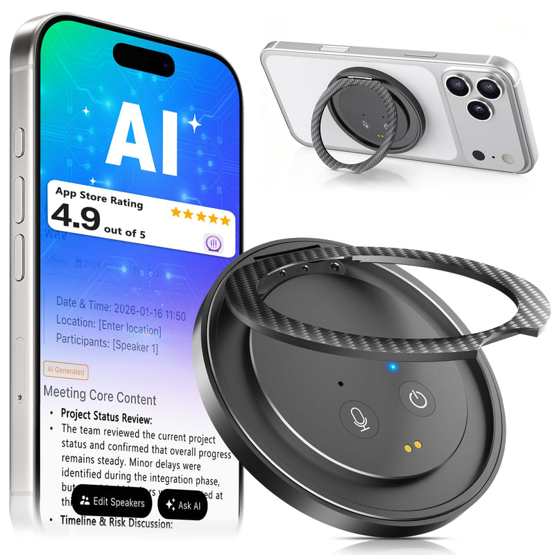 AI Voice Recorder with Transcribe & Summarize for Meetings, Study & Work | AI Note Taker for Productivity, 100+ Languages, 360° Magnetic Phone Stand, Edit Speakers, 1TB Cloud Multi-Device Sync Black