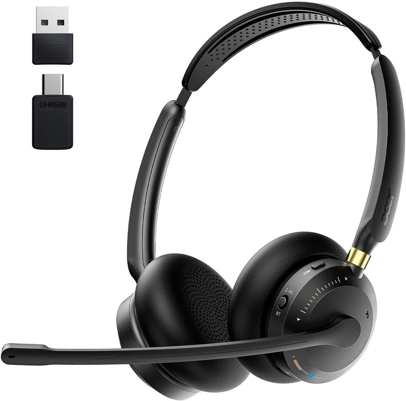 Wireless Headset with Mic for Work,Bluetooth Headset for Calls & Meetings | Headset with Microphone for PC, Bluetooth 5.3 & 2.4G Dongle Headphones with Mic for Office/Call Center/Home/Computer/Phones Black Golden