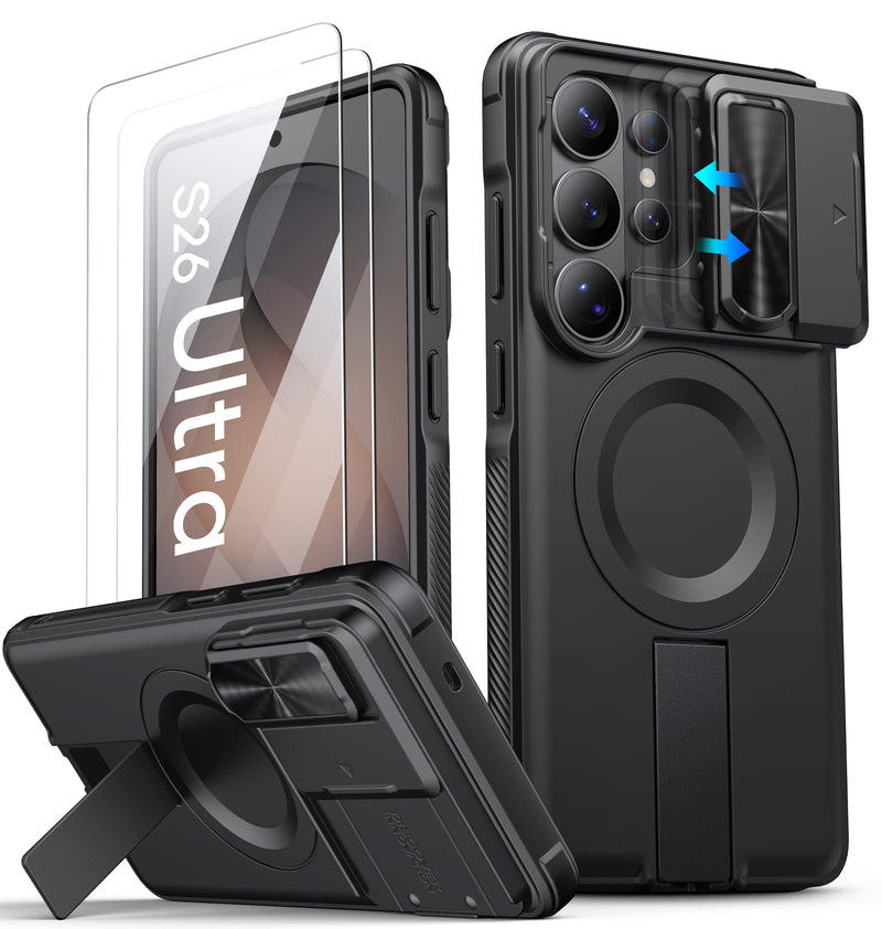 ATATOO for Samsung Galaxy S26 Ultra Case Magnetic with Stand, 6.9", Black | 2X Screen Protectors, Compatible with MagSafe, Slide Camera Cover, Military Grade Protection, Case for Galaxy S26 Ultra, 2026