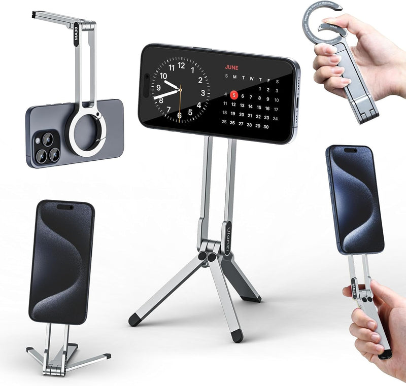 Magnetic Phone Tripod Stand for iPhone - Aluminium Maglock Smartphone Mini Tripod Pocket Cell Phone Stand Strong Magnet Quick Mount Compatible with iPhone 17 16 15 14 13 12 Series, Silver