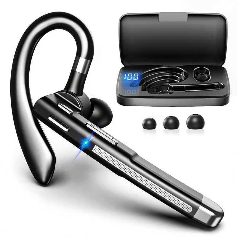 Bluetooth Headset Noise Canceling,Wireless Earpiece with Mic for Work | Bluetooth 6.1,100H Playtime,500mAh Charging Case,Hand-Free Calling with Mute Button for Business,Trucker,Office,Driving Metallic Charcoal Black