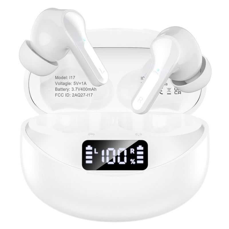Wireless Earbuds Bluetooth 5.4 Headphones, Noise Cancelling Mic Ear Buds with 50H Playback, LED Digital Display, IPX7 Waterproof Earphones for Office/Running/Workout White