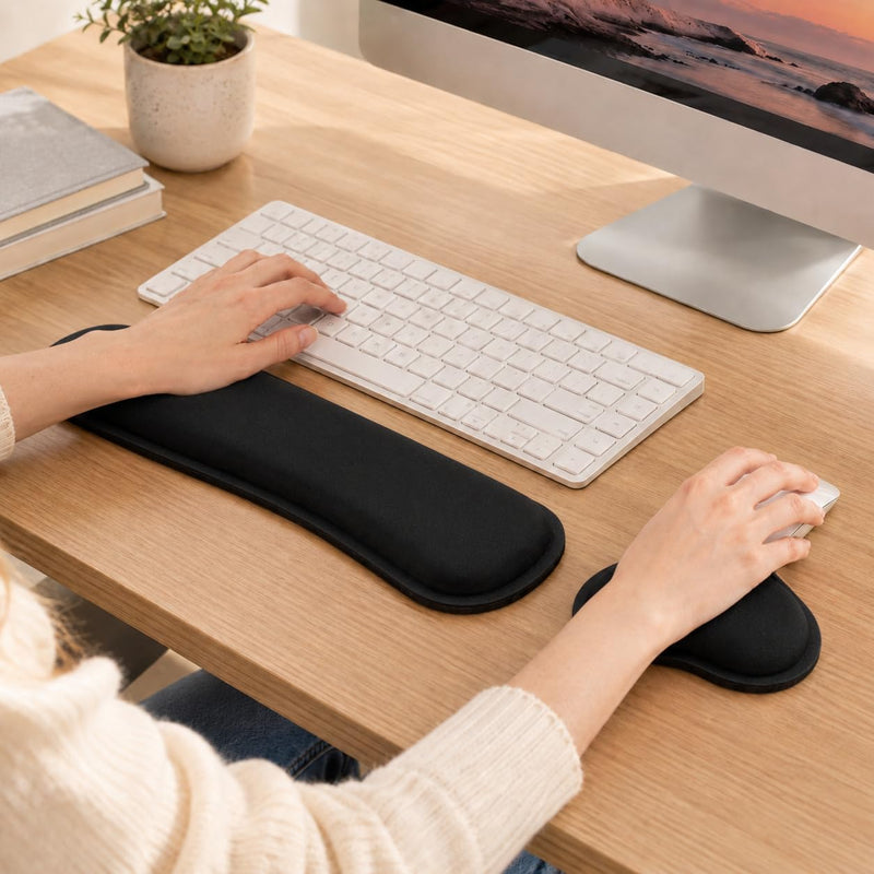 2 Piece Wrist Rest Set, Enlarge Silky Superfine Fabric Gel Keyboard Mouse Pad for Typing Pain Relief, Ergonomic Soft Memory Foam Hand Rests for Office Gaming Computer Laptop Workstation, Black