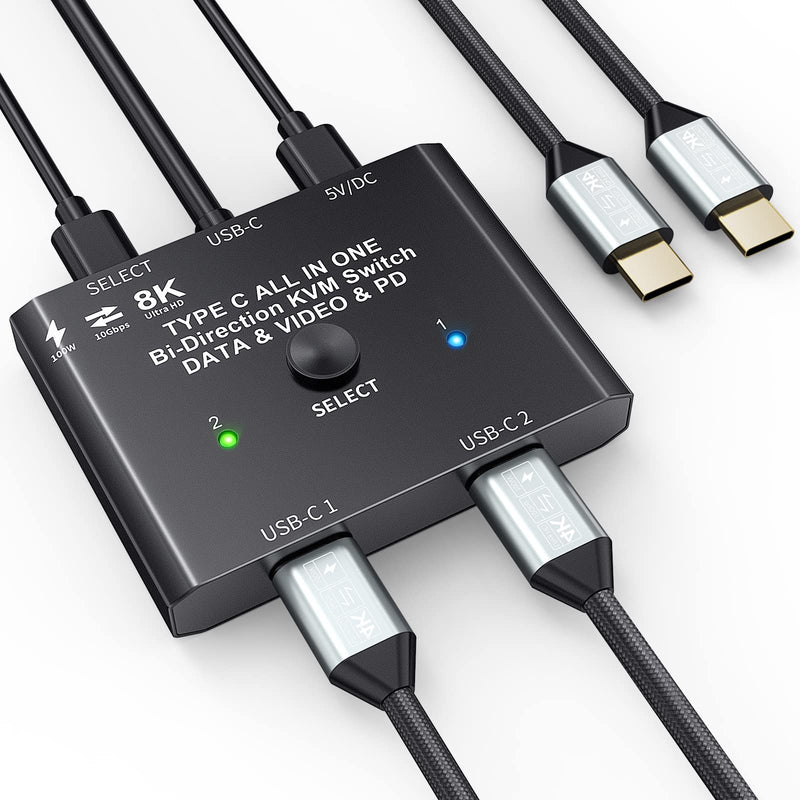 USB C Switch 2 in 1 Out USB C Switcher Selector for 2 Laptops Share 1 USB Device, 4K@60Hz/10Gbps Data Transfer and 100W PD Charging, Wired Control and 2 UBS C Cables USB C Switch 2 in 1 out