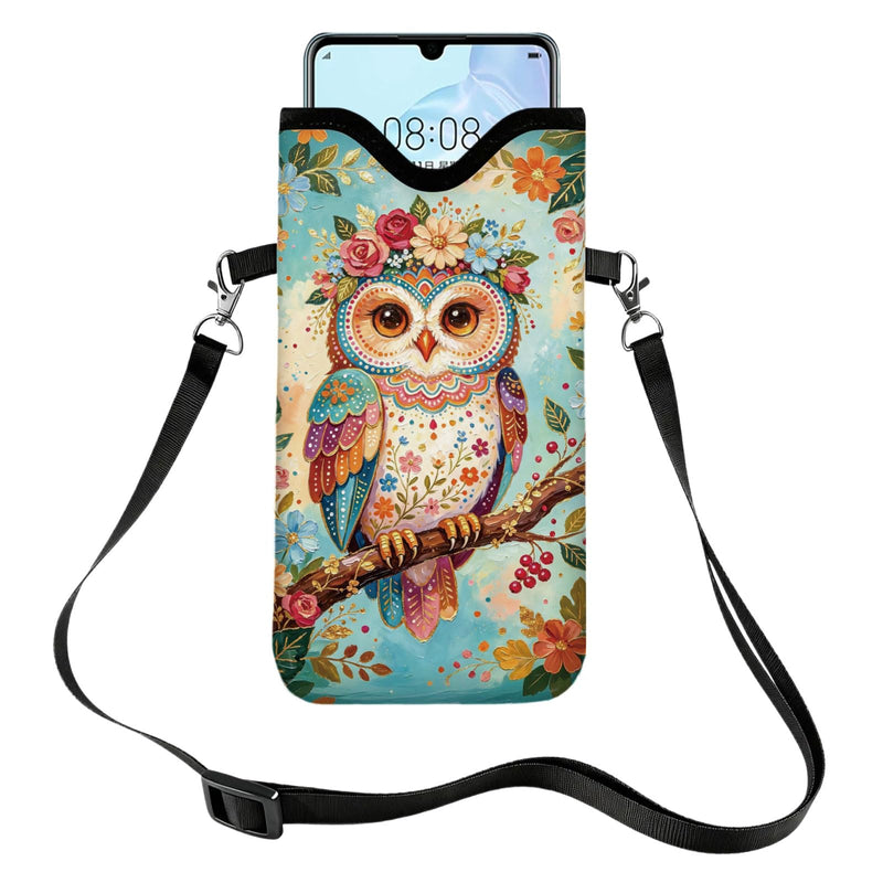 GLOBLELAND Owl Cell Phone Sleeve Pouch Case Bag 7.1×3.9 inch Flowers Leaves Shockproof Universal Phone Bag with Crossbody Strap Neck Lanyard for Women Men Phone Headphones Watch