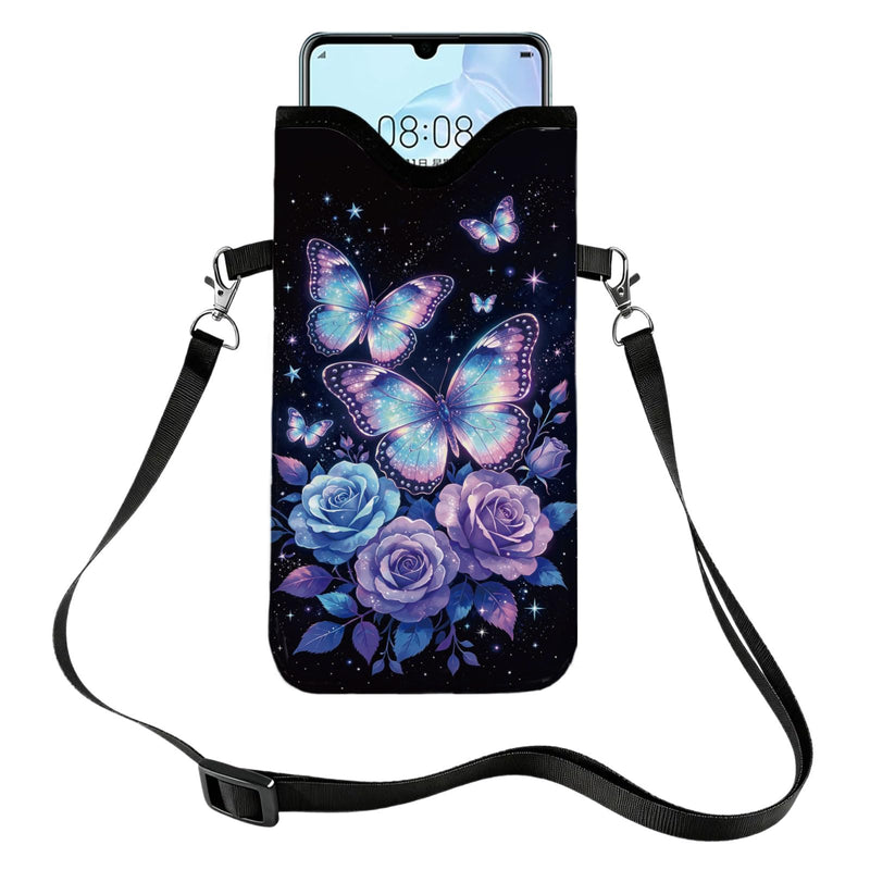 GLOBLELAND Butterfly Cell Phone Sleeve Pouch Case Bag 7.1×3.9 inch Rose Insect Shockproof Universal Phone Bag with Crossbody Strap Neck Lanyard for Women Men Phone Headphones Watch