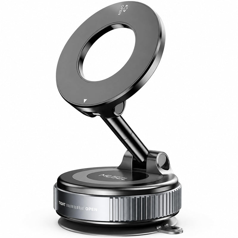 MUSEL Magnetic Car Phone Holder for MagSafe, Vacuum Mount for iPhone 17-12 | 88 lb suction hold, 2600 gf magnetic force, 22 N55 magnets, 360 degree rotation, bottom plate and ring included, dash mount