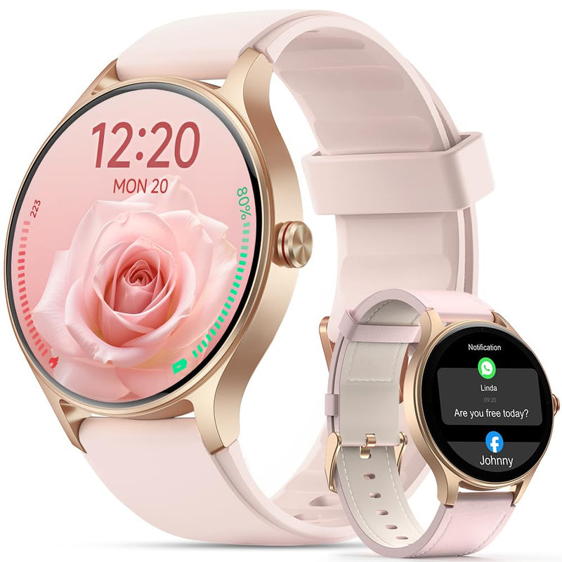 Smart Watch for Women,1.57'' AMOLED Touchscreen Compatible with Android&iOS | Fitness Watch with Heart Rate/Sleep/SpO2 Monitor 110+ Sport Modes,Smartwatch with Answer/Make Call,3ATM Waterproof 2 Bands Pink 1.57