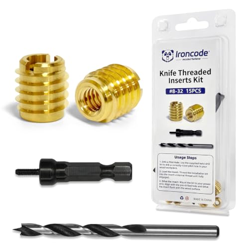 Threaded Inserts for Wood, Installation Kit, Brass, Includes #8-32 Knife Thread Inserts (15pcs), Drill, Installation Tool 8-32