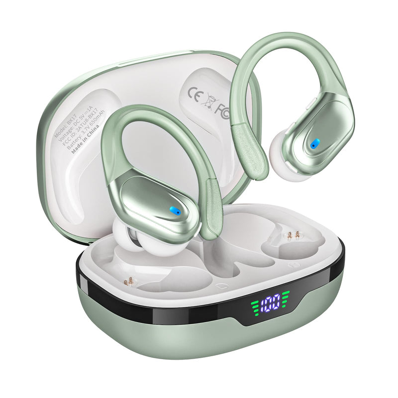 HAOYUYAN Wireless Earbuds, Sports Bluetooth Headphones, 80Hrs Playtime Ear Buds with LED Power Display, Noise Canceling Headset, IPX7 Waterproof Earphones for Workout/Running（Light Green）