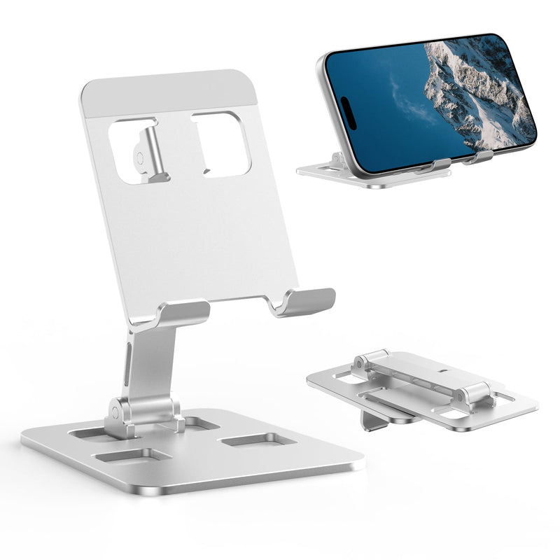 Portable Foldable Aluminum Cell Phone Stand Multi-Angle Adjustable Desk Mount with Soft Silicone Pads & Charging Cutout Universal Fit All Smartphones and Mini Tablets for Home Desk Use