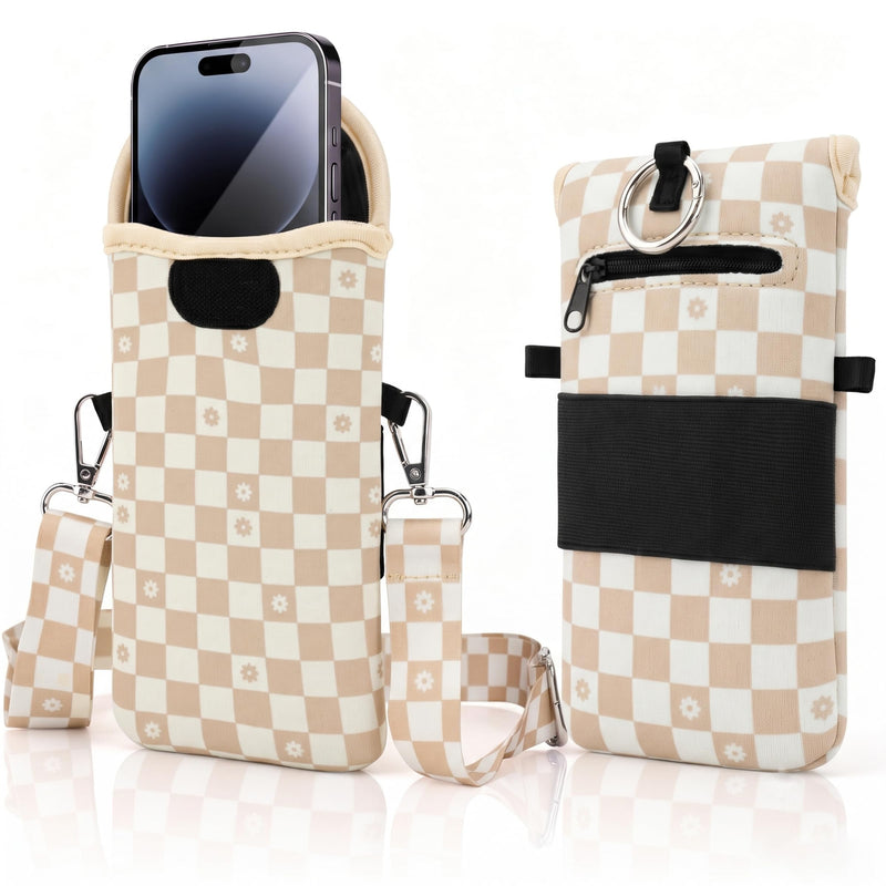 KJQJLY RFID Blocking Neoprene Cell Phone Sleeve (Beige Floral Checkered) | RFID Blocking Neoprene Cell Phone Sleeve Pouch with Crossbody Strap Fits iPhone 17/16/15/14 Pro Max, Samsung S25, Pixel 10 Beige Floral Checkered