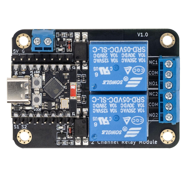 ESP32-C3 Relay Module, 2-Channel Low-Level Trigger Board | Smart Home Relay Expansion Board, Support ESPHome & Home Assistant, USB-C / 5V Terminal Power Options for DIY Remote Control ESP32-C3 + Relay