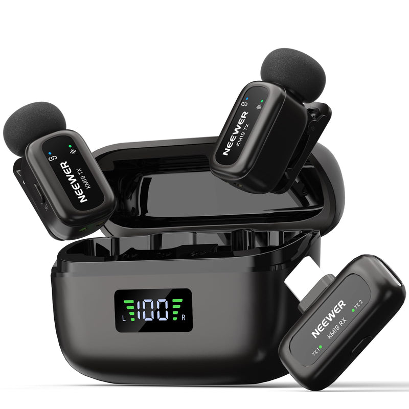NEEWER KM19 Mini Lav Mic Compatible with iPhone 17 16 15, Black | Noise Canceling Wireless Lapel Microphone with App Control, 30h Battery, 100m Range, Compatible with iPhone Android PC