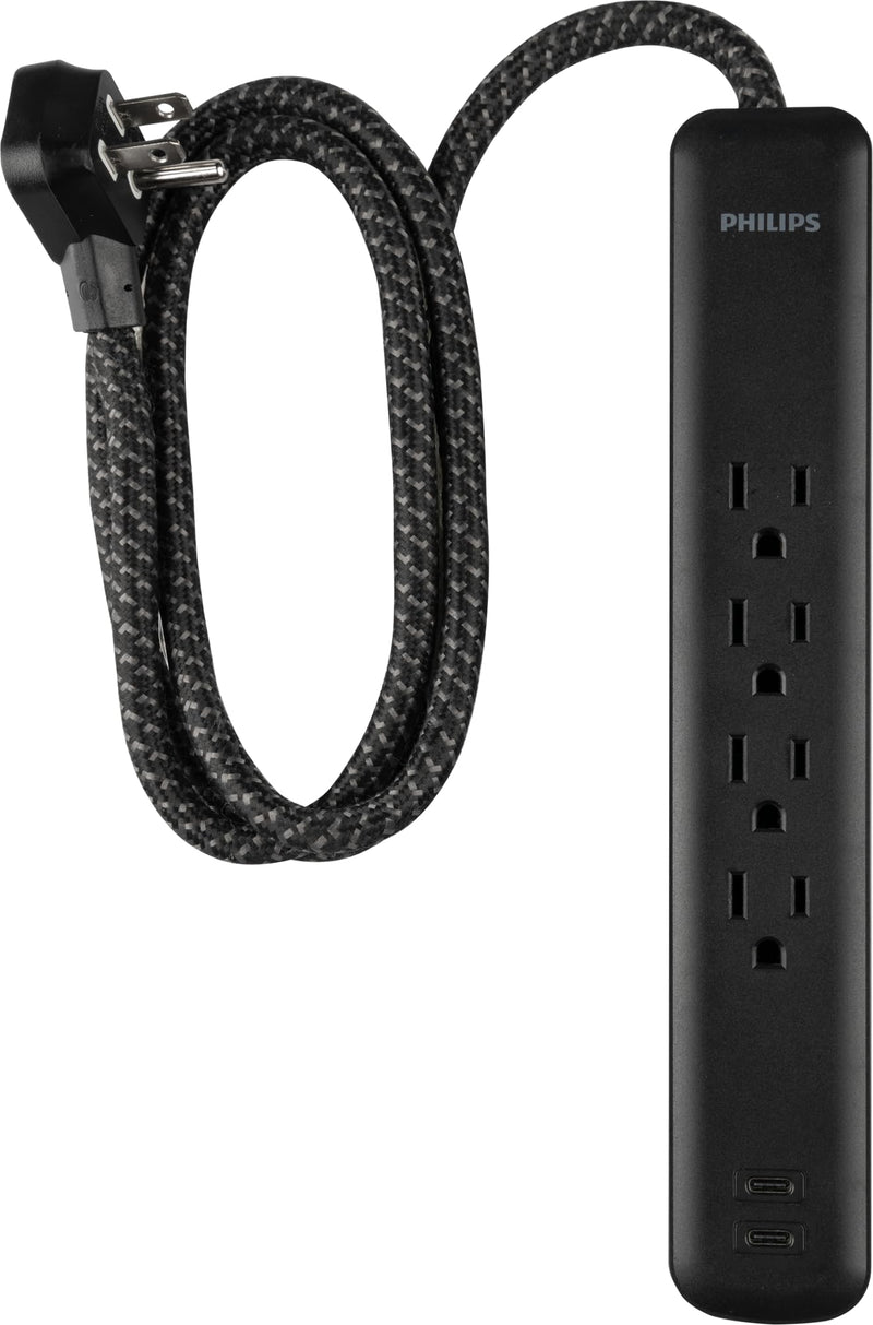 Philips Surge Protector Power Strip with USB Ports, 4 Ft Braided Extension Cord, 450 Joules, 4 Outlet Extender, 2-USB-C, Flat Plug, Home Office Dorm Essentials, Black, SPP6285B/37