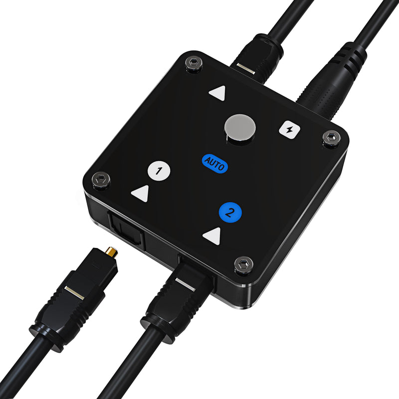 2 in 1 Out Optical Audio Switcher with Auto-Switching, Toslink 2x1 | Ideal for home theaters & gaming. Connect PS5 & TV to Soundbar. 0.3s auto-switching with no remote needed. Supports Dolby