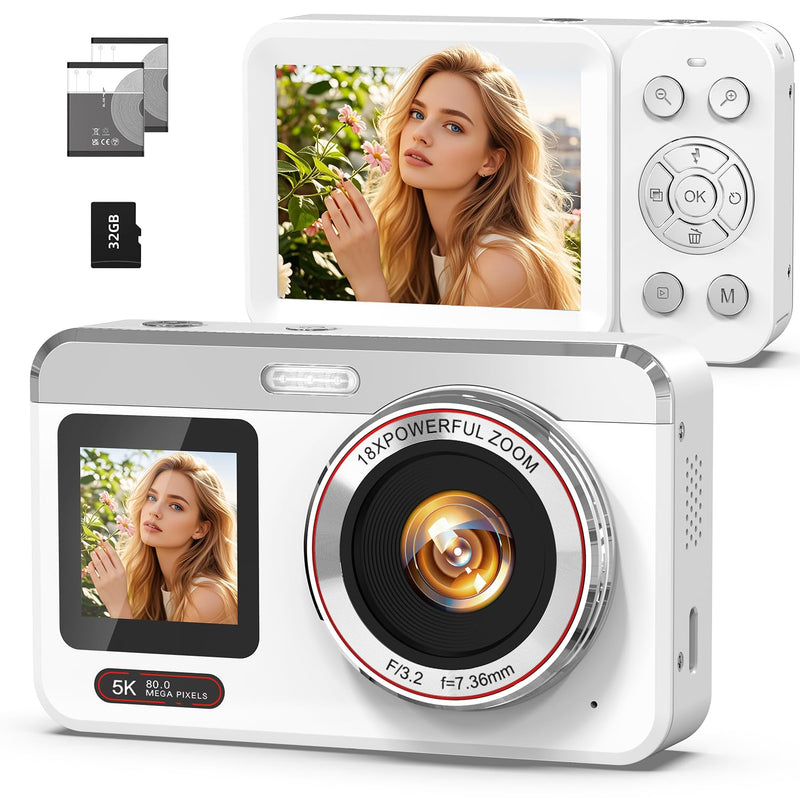 Digital Camera, 5K 80MP Dual Screen, Auto Focus for Beginners Teens | Point and Shoot Camera with 18X Zoom, 32GB Card & 2 Batteries, Great Travel Vlogging Camera for YouTube, White