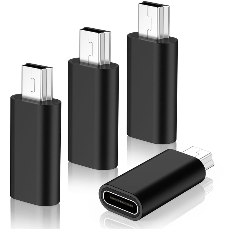 USB C to Mini USB Adapter, 4 Pack USB Type Female to Mini USB 2.0 Male Converter Connector Supports Charge & Data Sync Compatible with GPS Receiver, Digital Camera, Dash Cam, MP3 Players etc, Black