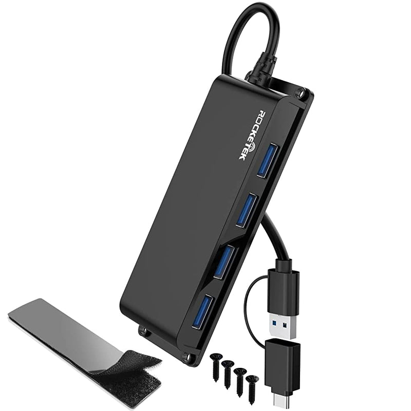 USB Hub for Laptop, 4-Port USB 3.0 Splitter with Long Extension Cable | Mountable USB Port Hub, 2-in-1 USB C/A Connector, Under Desk Desktop Extender for PC & Mac HC504AC