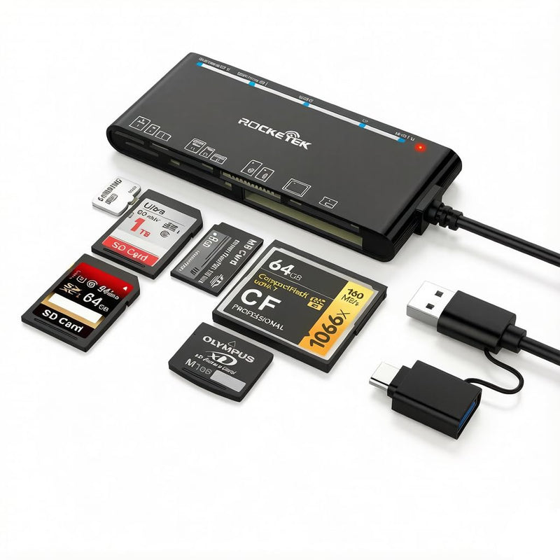 USB C Memory Card Reader, USB 3.0 7-in-1 SD CF XD MS Card Reader | Dual USB-A & USB-C Multi Card Adapter for SD, Micro SD, CF, XD & MS Cards, 5Gbps Data Transfer, Plug & Play Black