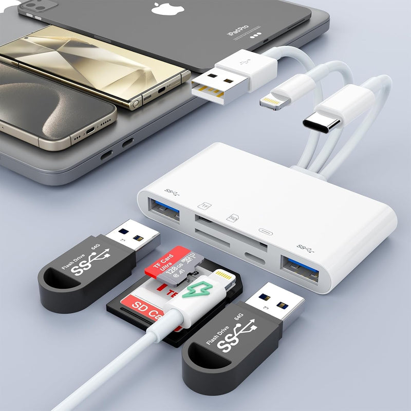 5-in-1 SD Card Reader for iPhone with USB-C, USB-A & OTG Adapter | Lightning, USB-C & USB-A Card Reader with SD/TF Slots, USB Port and Charging for iPhone, iPad, Android, MacBook & PC White