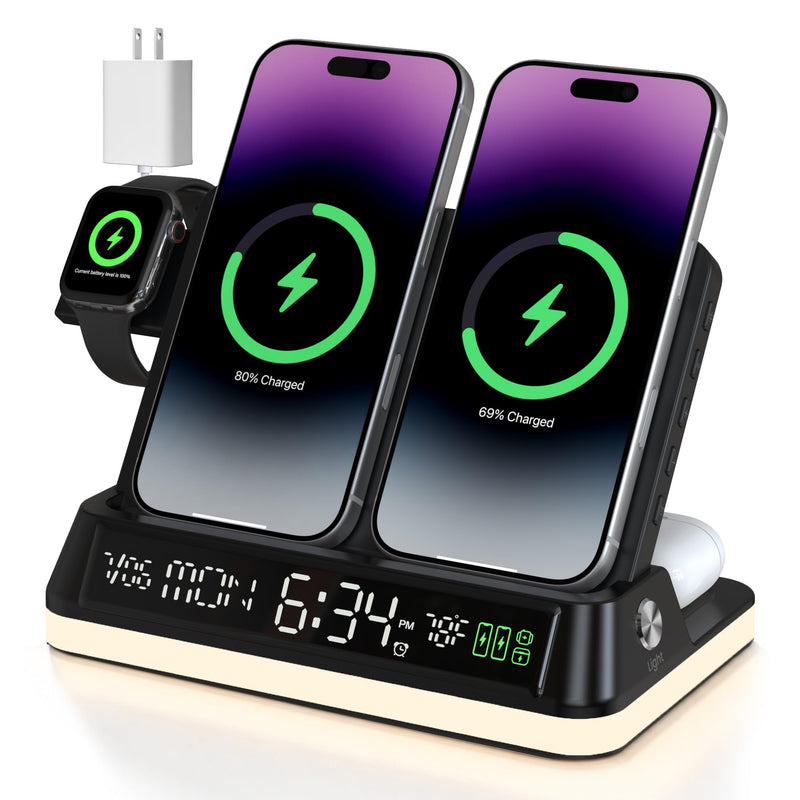 7 in 1 Wireless Charging Station with Auto-Sync Clock Sunset Night Light | Wireless Charger Stand for iPhone 17 16 15 14 Pro Max, Nightstand Charging Station for Apple Watch for AirPods, Indoor Temp